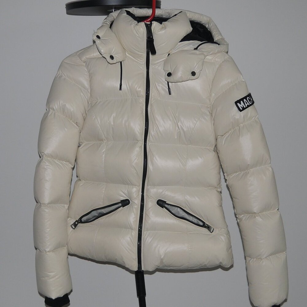 Mackage Ivory Glossy Down Puffer Jacket Arm Logo Short Coat - Picture 2 of 9